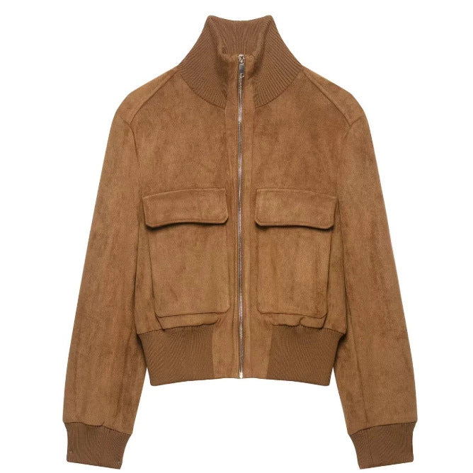 Damen Kurzer Veloursleder‑Bomber mit Stehkragen, aufgesetzten Klappentaschen und Rippenbündchen Drune
