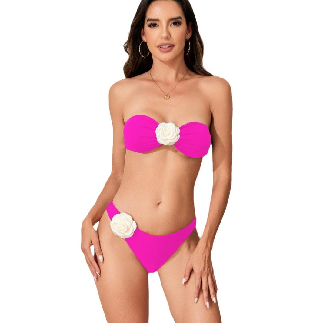Damen Bandeau Bikini mit eleganter Blütenverzierung Drune