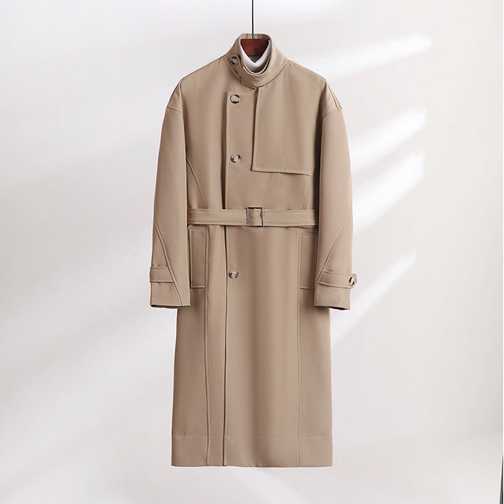 Herren Langgeschnittener Minimalistischer Trenchcoat mit Schalkragen und verstellbaren Ärmelriemen Drune