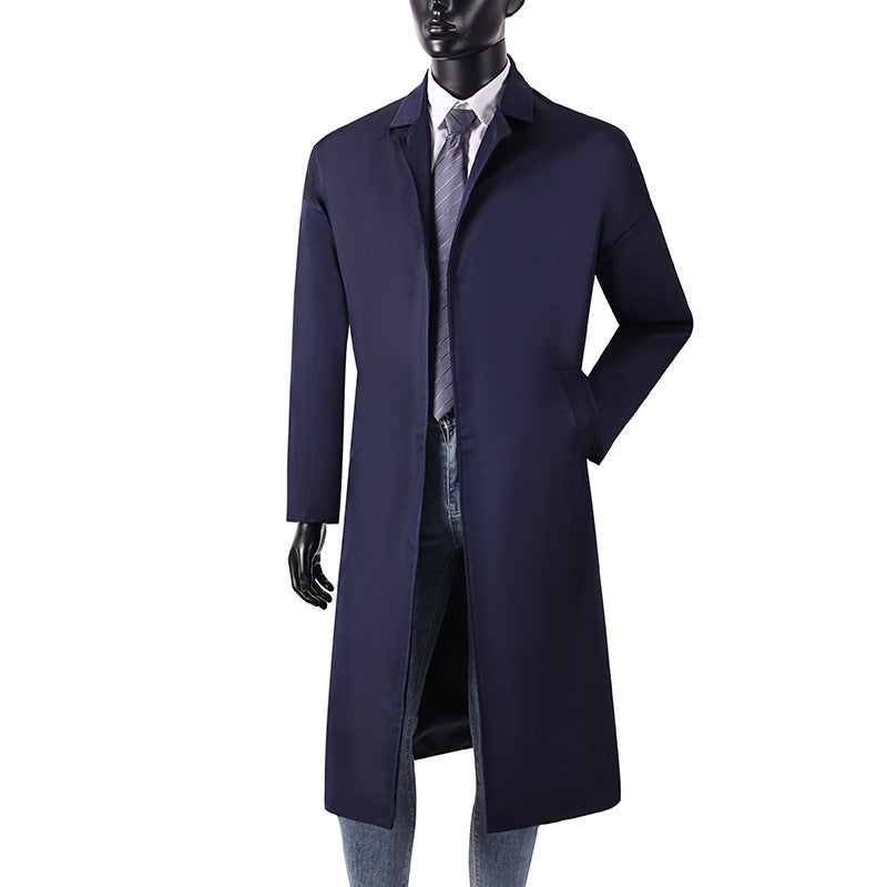 Herren Langer Minimalistischer Trenchcoat mit verdeckter Knopfleiste und Seitentaschen Drune