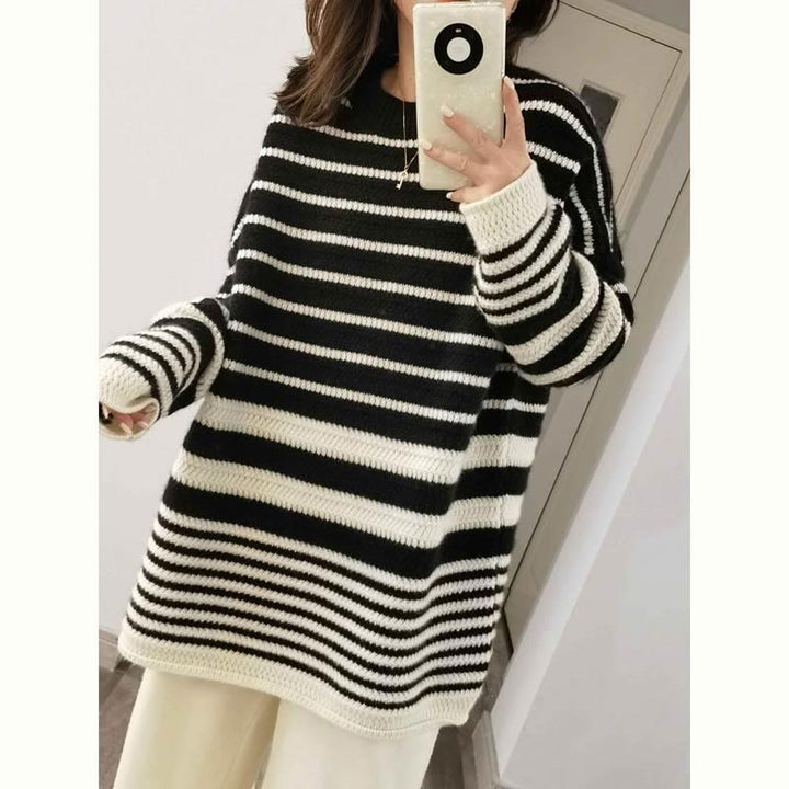 Damen Oversize-Longpullover aus grobem Streifenstrick mit Rundhalsausschnitt Drune