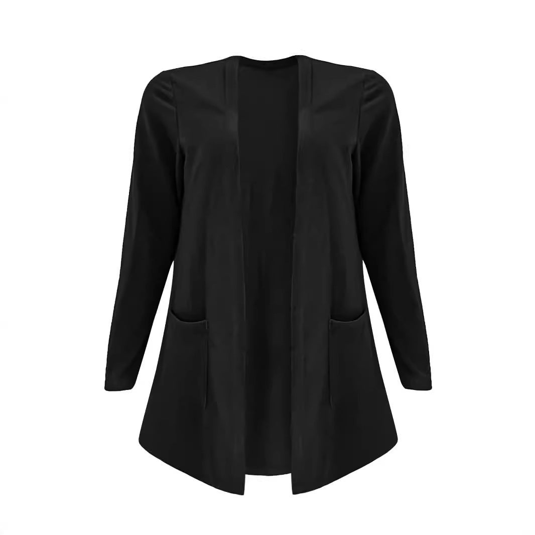 Damen Offene Longline-Cardigan mit aufgesetzten Taschen und schmalem Kragen Drune