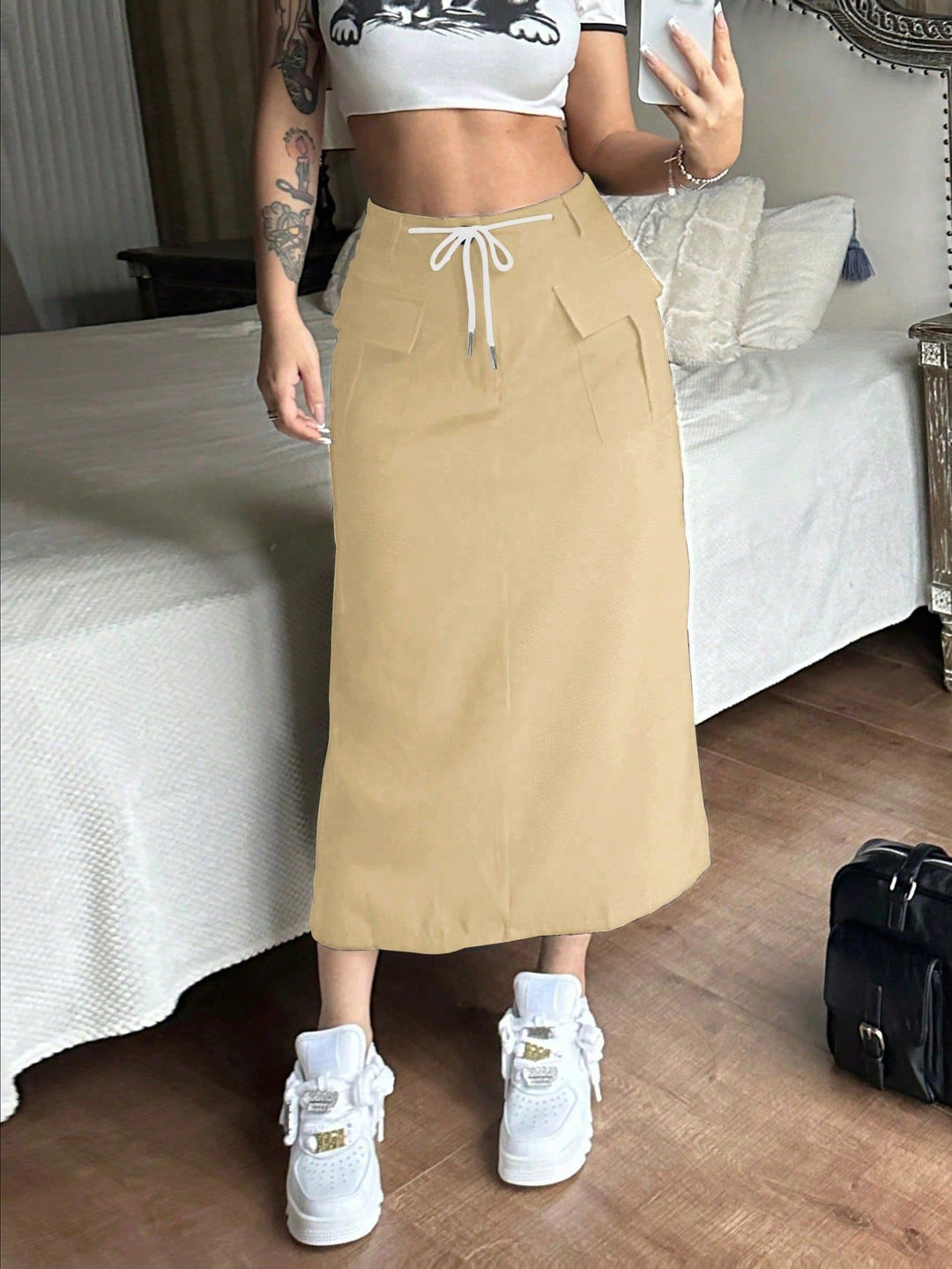 Damen Modischer Hochtaillenrock mit praktischen Taschen und verstellbarem Kordelzug Drune
