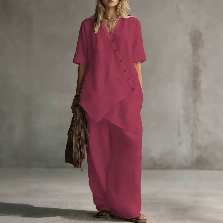 Damen Leinen-Zweiteiler mit asymmetrischer Knopfleiste und weiter Palazzo-Hose Drune