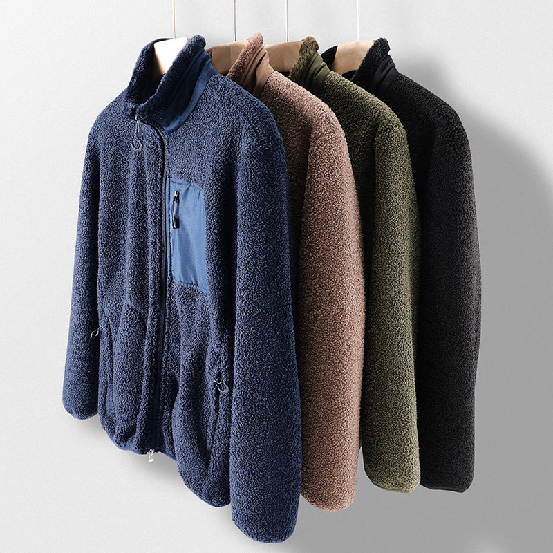 Herren Teddy-Fleecejacke mit Stehkragen, Kängurutaschen und Brust-Reißverschlusstasche Drune