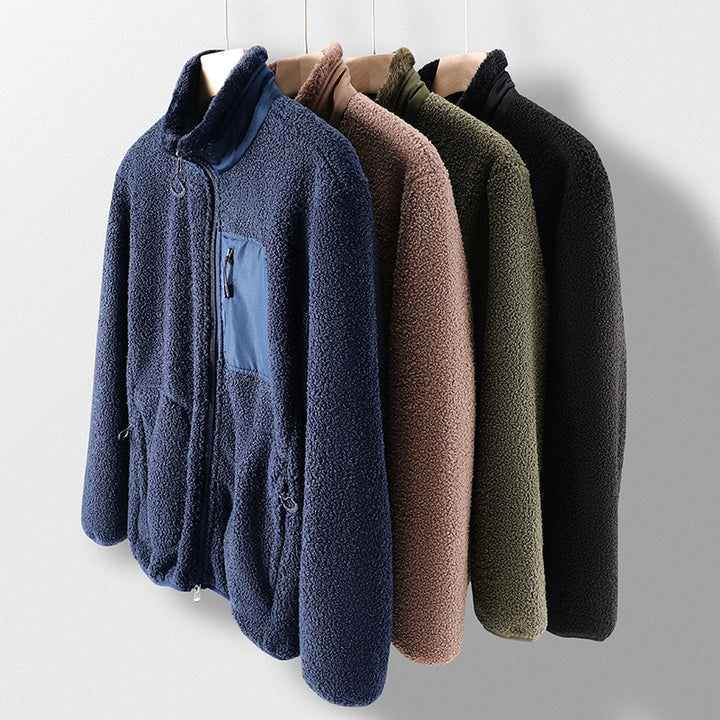 Herren Teddy-Fleecejacke mit Stehkragen, Kängurutaschen und Brust-Reißverschlusstasche Drune