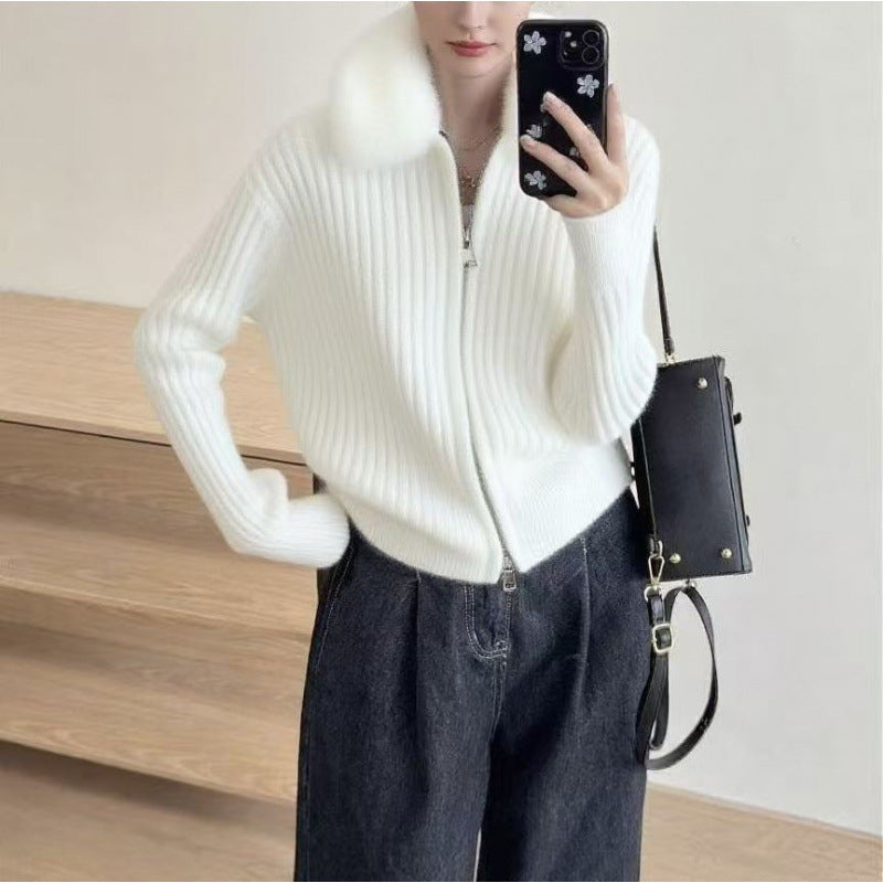 Damen Strickjacke mit hochwertigem Kunstfellkragen und eleganter Rippstruktur Drune