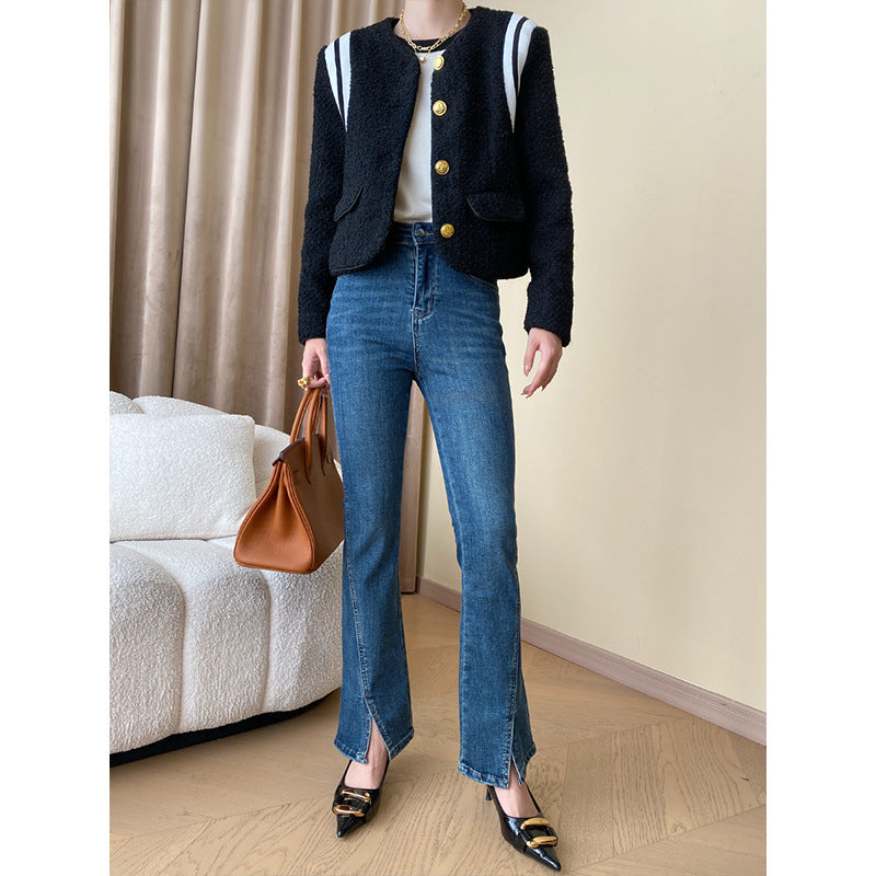 Damen Bouclé-Jacke mit goldenen Knöpfen und Streifen Drune