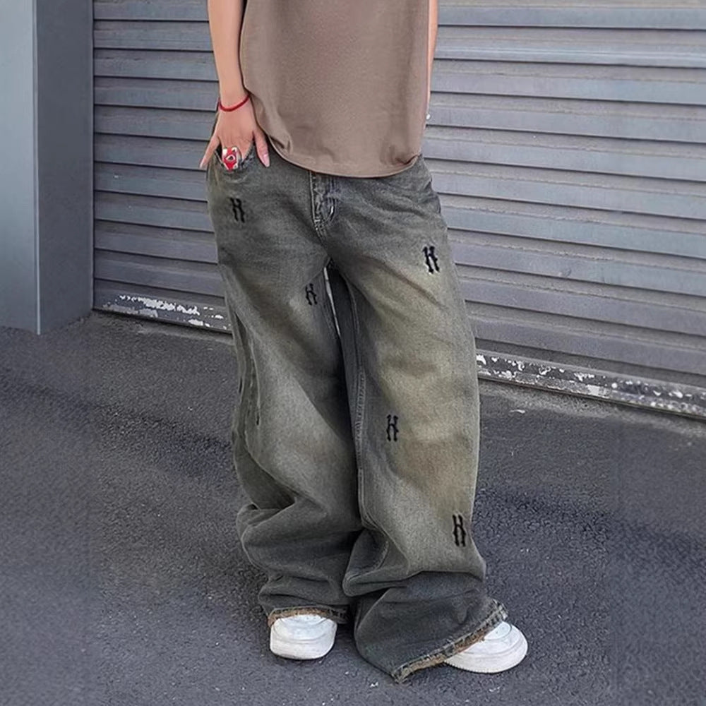 Damen High‑Waist Straight‑Leg Jeans mit dekorativen Mini‑Stickereien und Used‑Effekt Drune