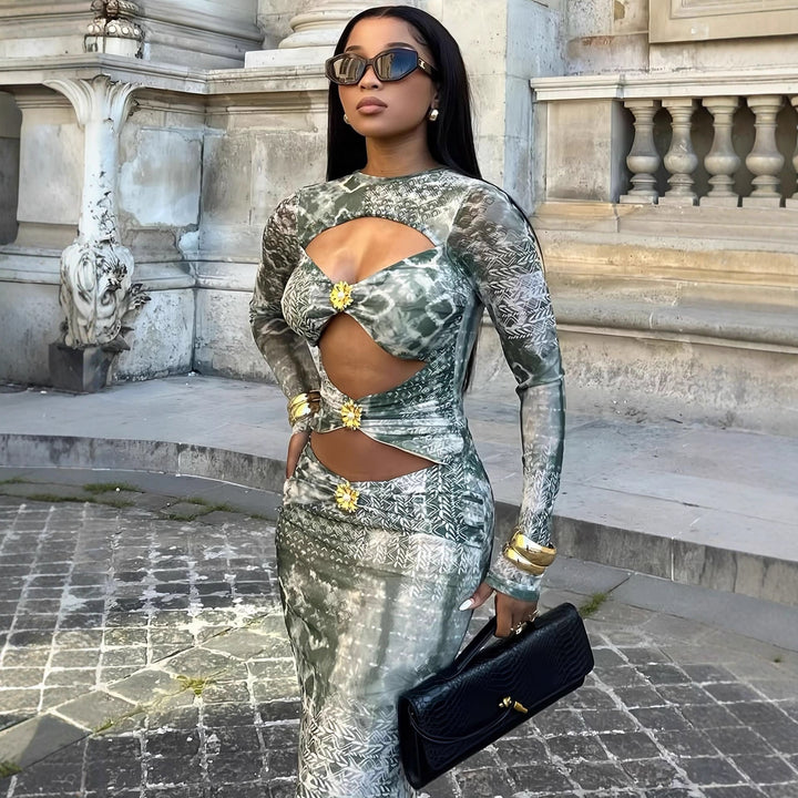 Damen Maxikleid mit transparenten Einsätzen und raffinierten Rüschendetails Drune