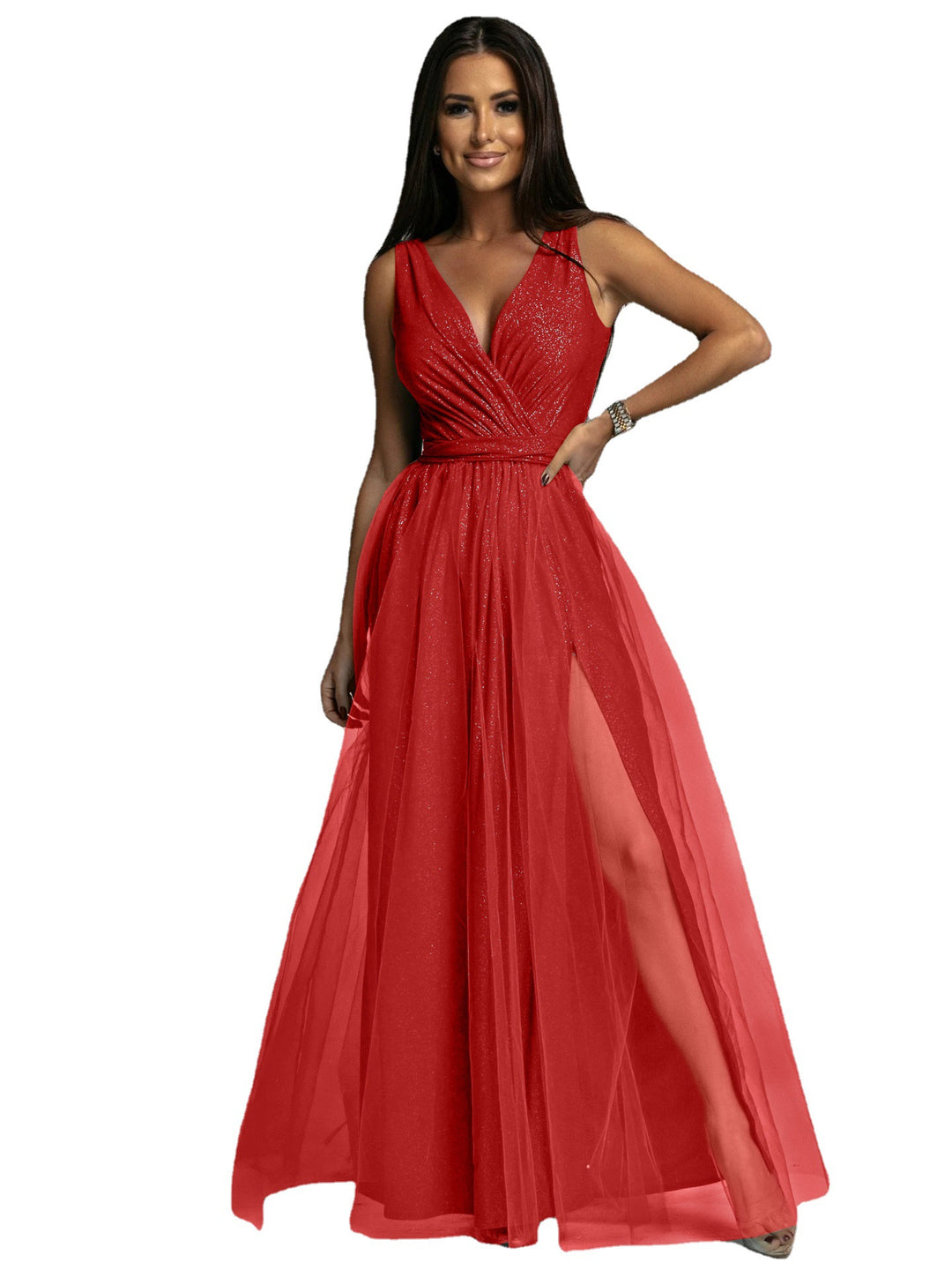 Damen Maxiabendkleid mit verführerischem Schlitz und funkelndem Obermaterial Drune