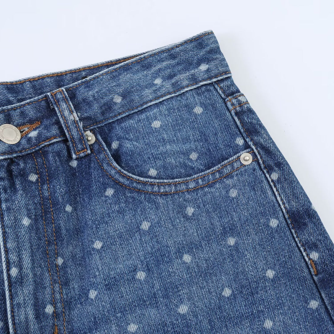Damen High‑Waist Mom‑Jeans mit tapered Bein und dezentem Punkte‑Print Drune