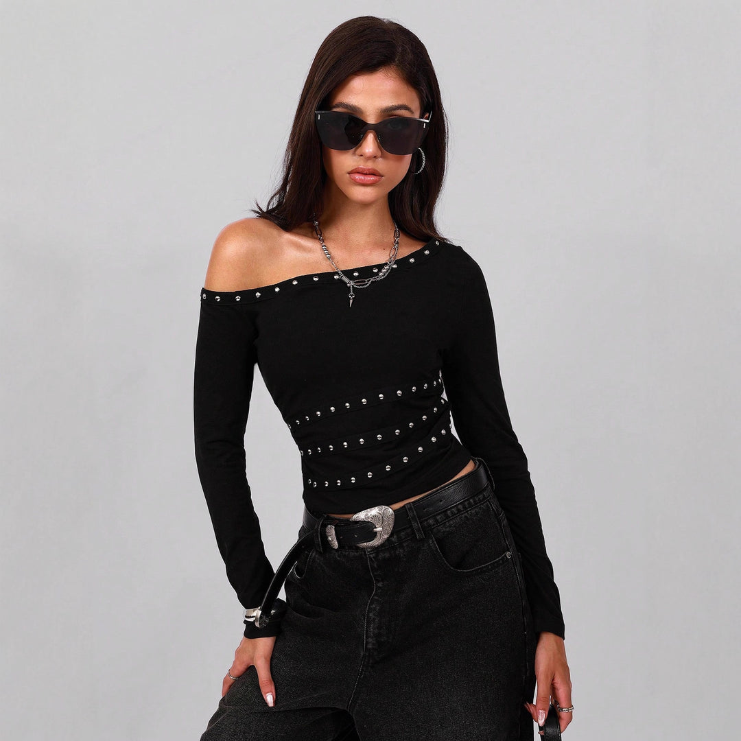 Damen nan asymmetrisches schulterfreies Langarmshirt mit Nietenbesatz und tailliertem Schnitt Drune