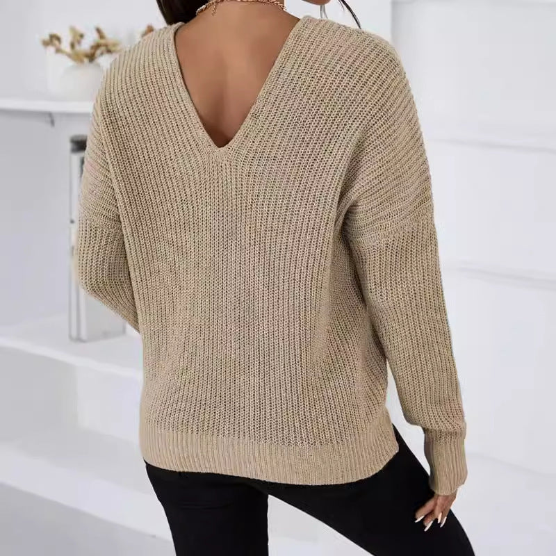 Damen V-Ausschnitt Strickpullover mit breiten Ärmeln und weichem Material Drune