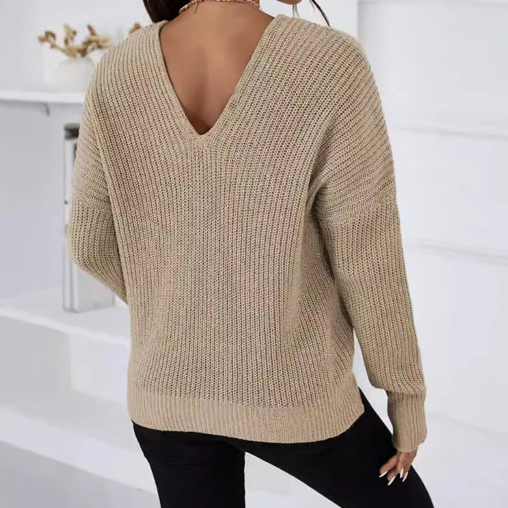Damen V-Ausschnitt Strickpullover mit breiten Ärmeln und weichem Material Drune