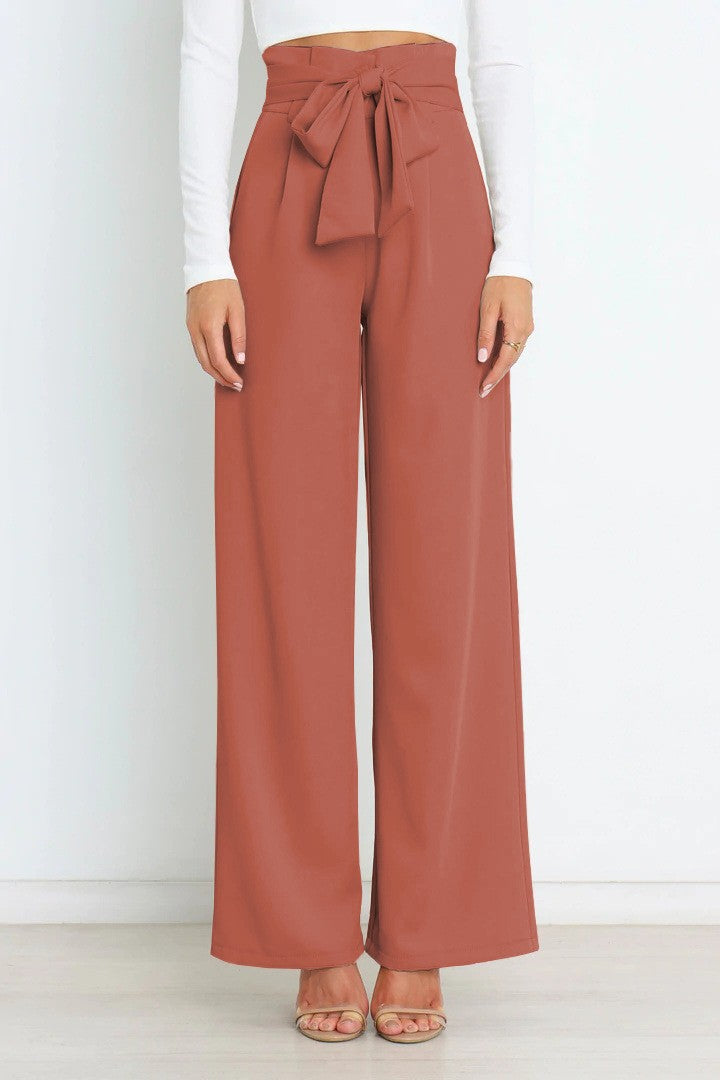 Damen Weite High-Waist Paperbag-Hose mit Bundfalten und Bindegürtel Drune