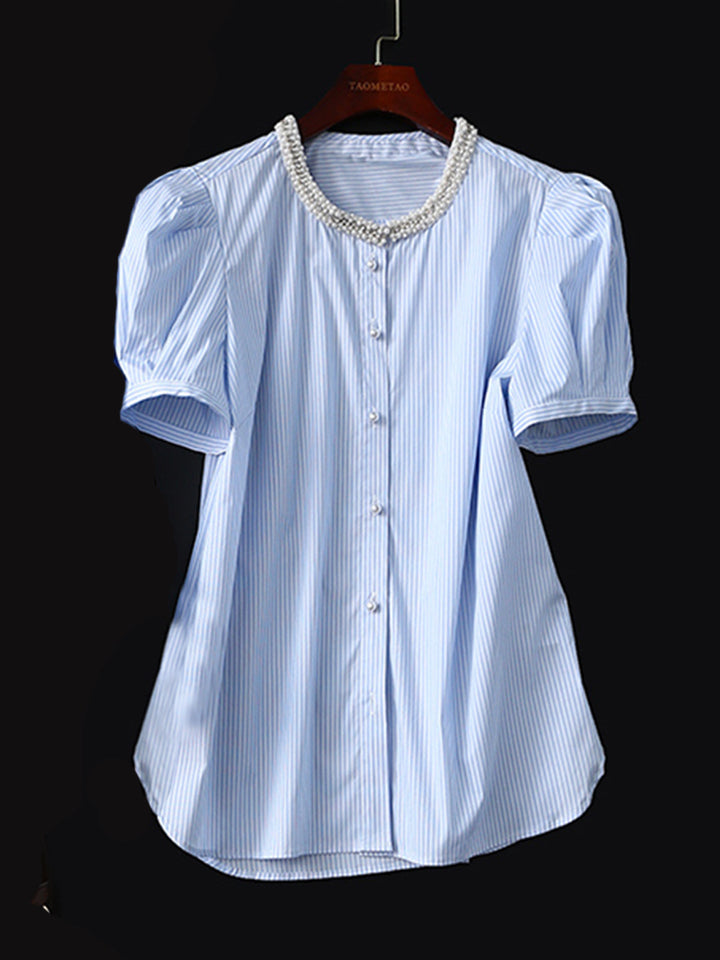 Damen Gestreifte Bluse mit perlenbesetztem Rundhals, verdeckter Knopfleiste und extra langen Manschetten Drune