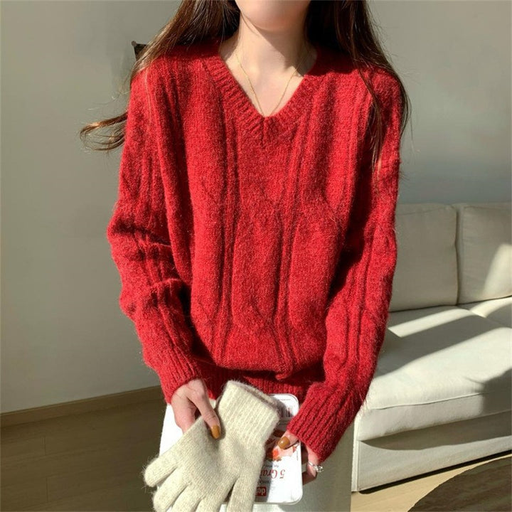 Damen kuscheliger Strickpullover mit V-Ausschnitt und Zopfmuster Drune