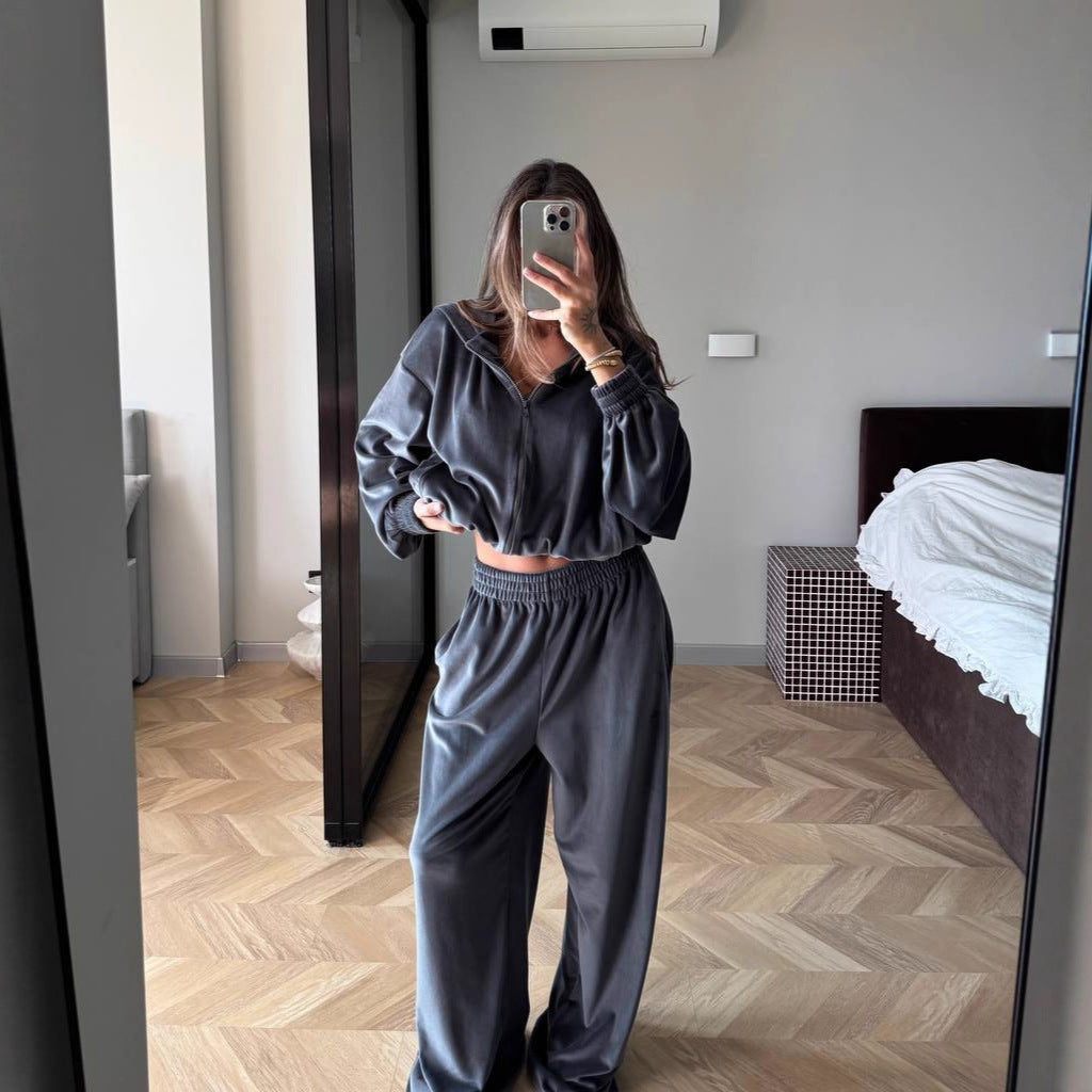 Damen Fleece-Loungewear-Anzug mit modernem Reißverschluss und weitem Schnitt Drune