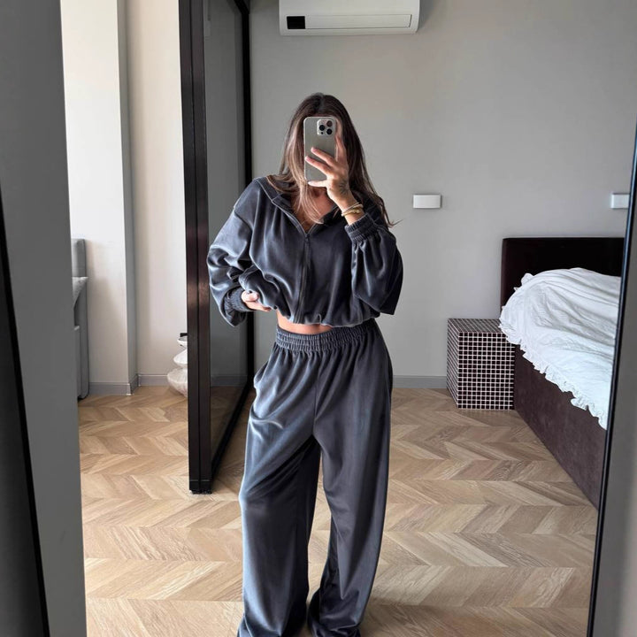 Damen Fleece-Loungewear-Anzug mit modernem Reißverschluss und weitem Schnitt Drune