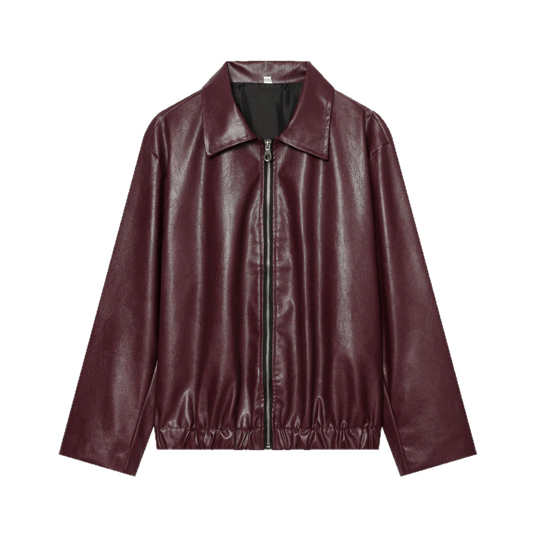 Damen Cropped Kunstleder-Bomberjacke mit Hemdkragen und elastischem Saum Drune