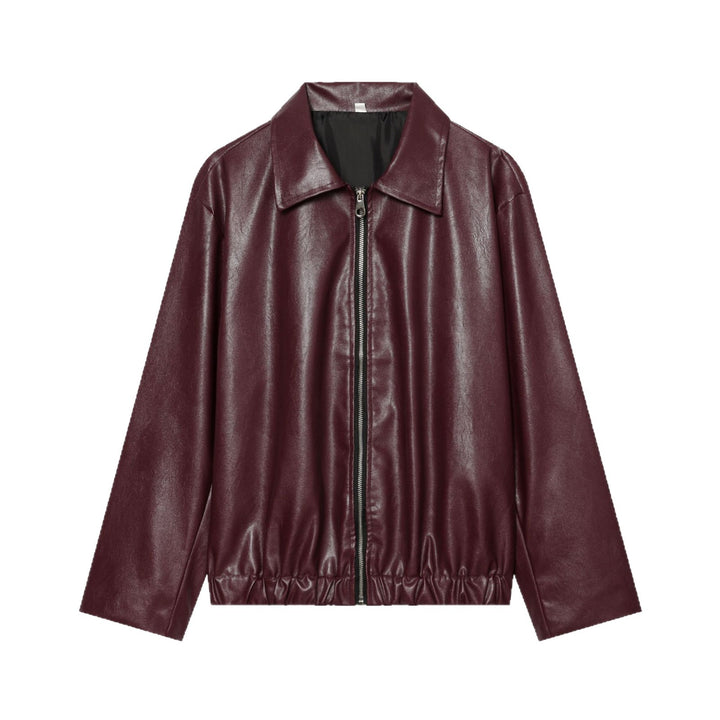 Damen Cropped Kunstleder-Bomberjacke mit Hemdkragen und elastischem Saum Drune