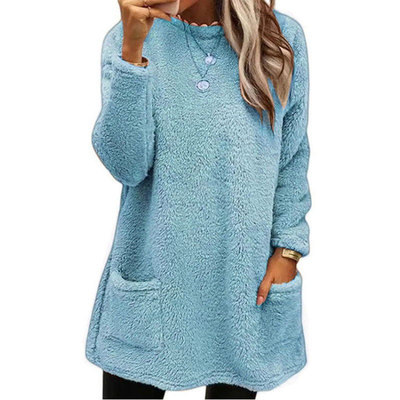 Damen nan kuscheliger langer Teddy-Pullover Oversize mit Rundhalsausschnitt und Eingrifftaschen Drune