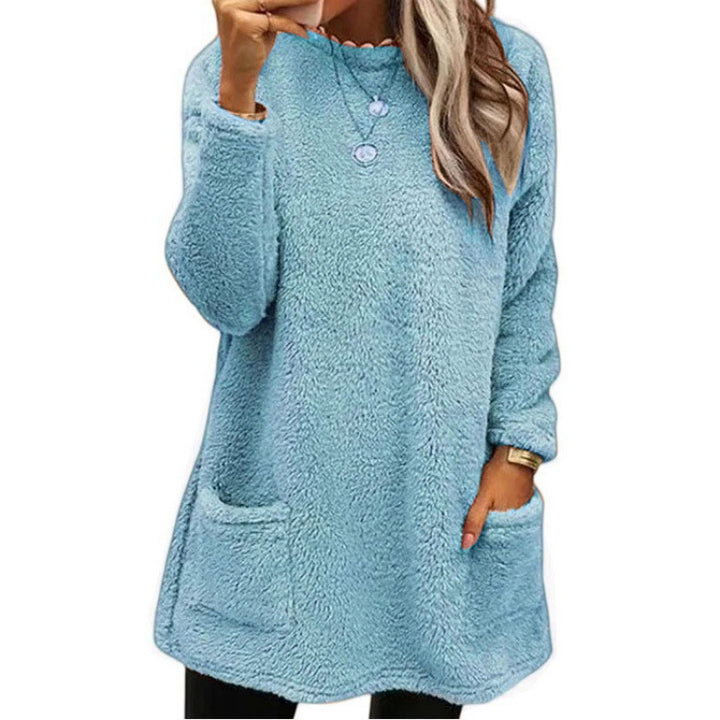 Damen nan kuscheliger langer Teddy-Pullover Oversize mit Rundhalsausschnitt und Eingrifftaschen Drune