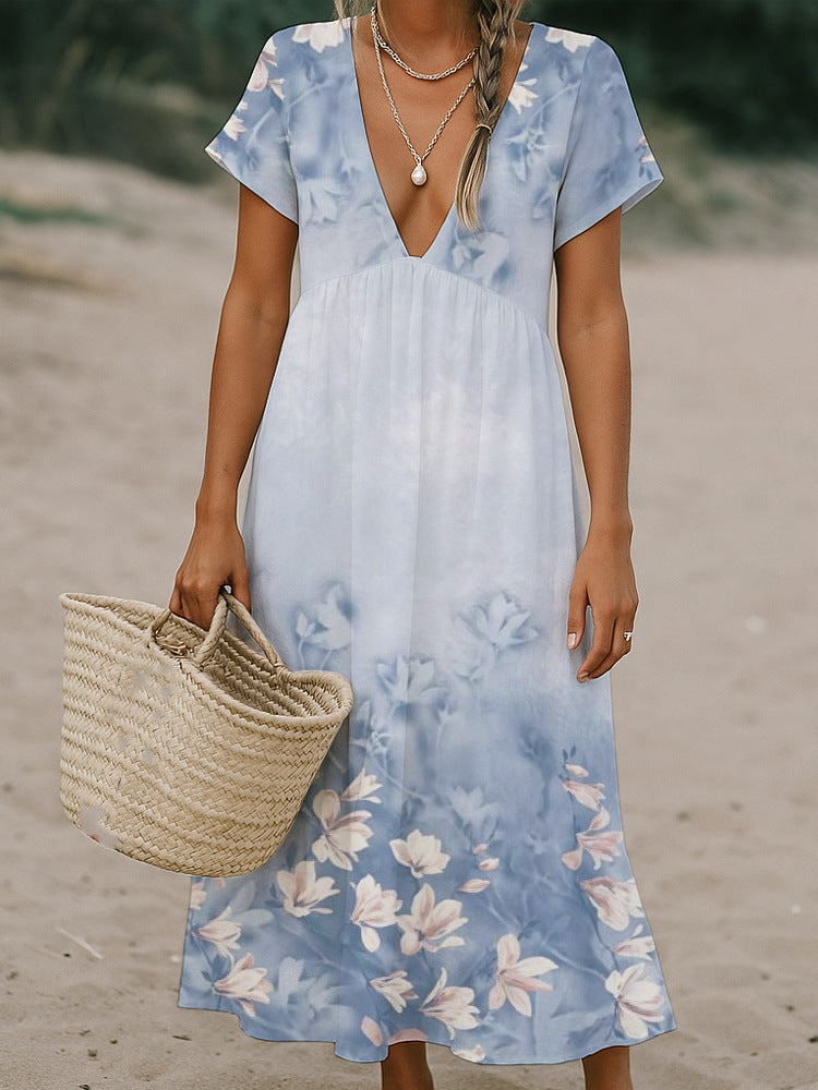 Damen Fließendes Maxi-Kleid mit tiefem V-Ausschnitt und floralem Muster Drune