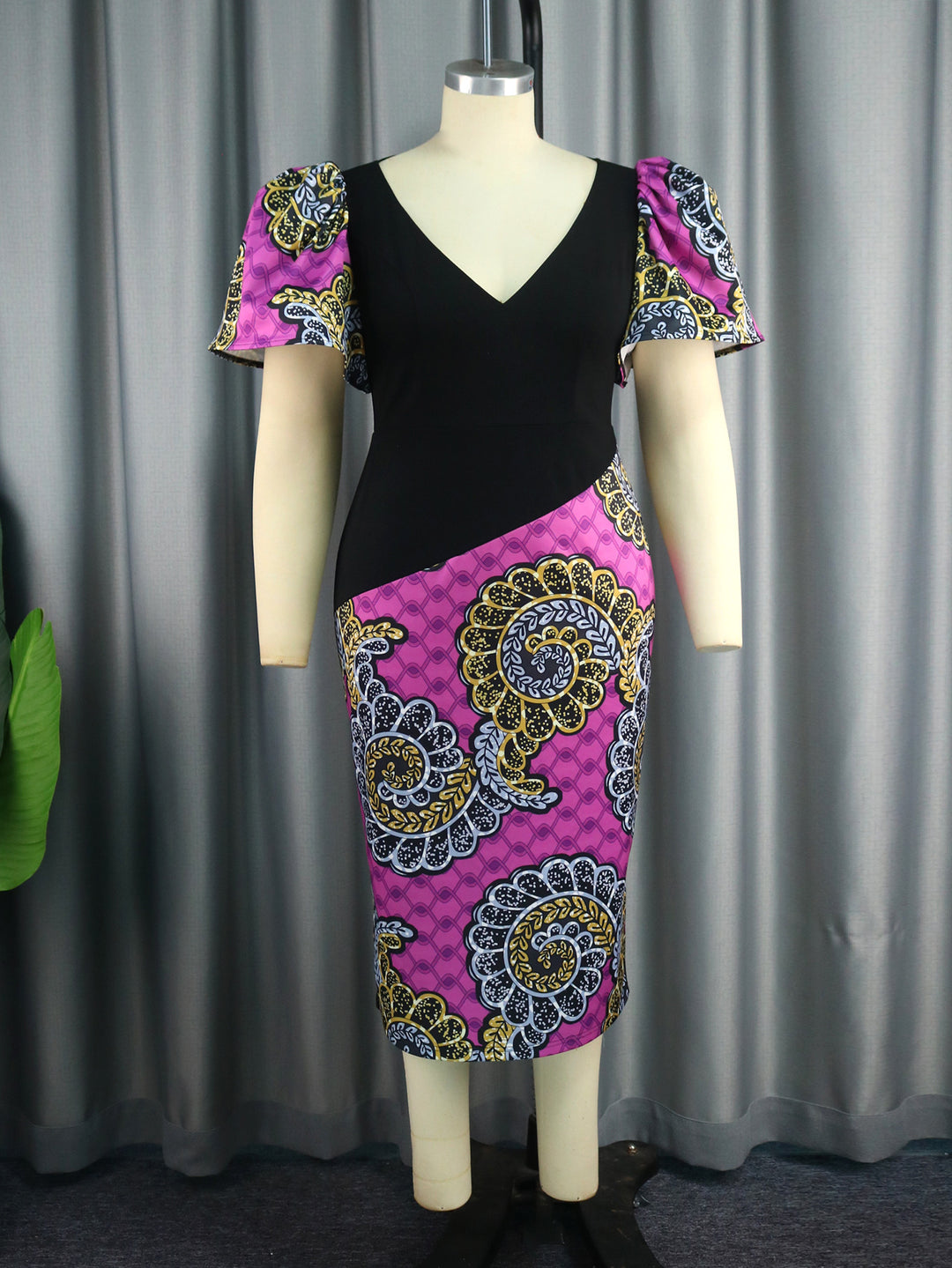 Damen Elegantes Etuikleid mit buntem Mustermix und Puffärmeln Drune