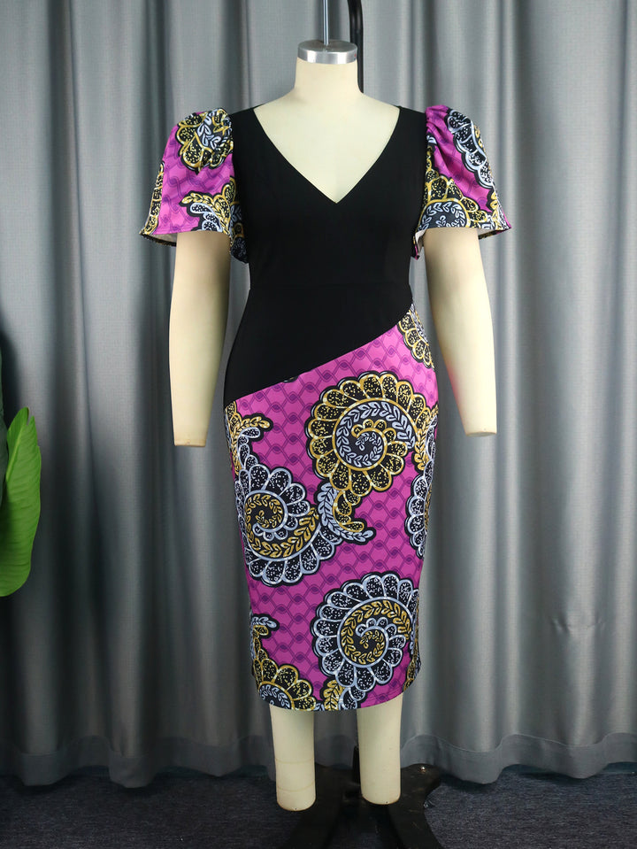 Damen Elegantes Etuikleid mit buntem Mustermix und Puffärmeln Drune