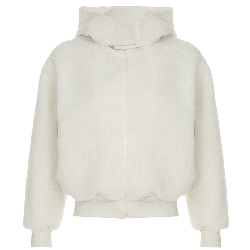 Damen nan gefütterte Teddy-Fleece-Hoodie-Jacke mit Kapuze, kurzem Schnitt und elastischem Rippenbund Drune
