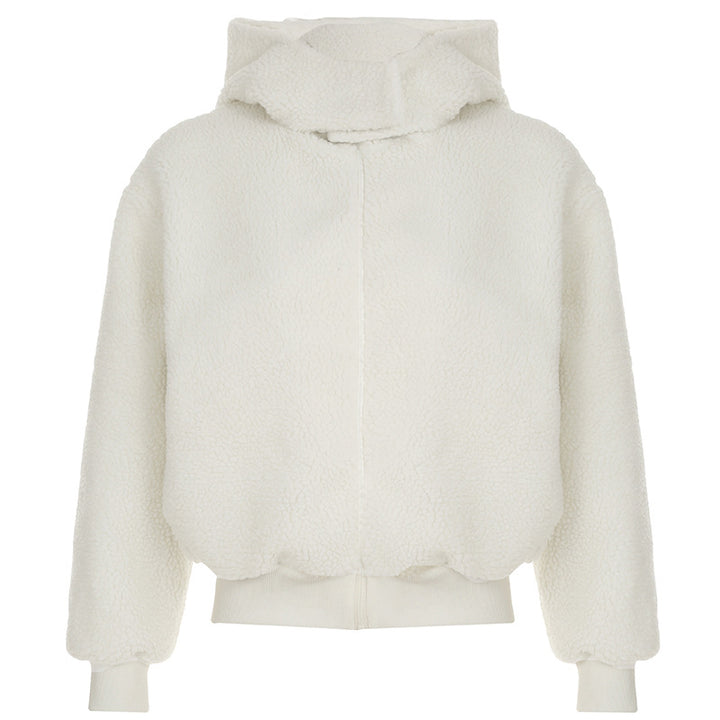 Damen nan gefütterte Teddy-Fleece-Hoodie-Jacke mit Kapuze, kurzem Schnitt und elastischem Rippenbund Drune