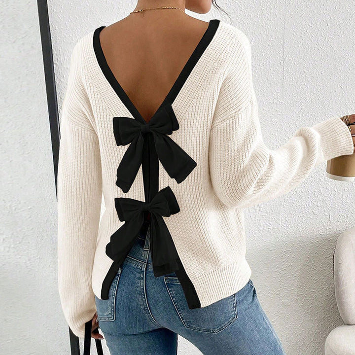 Damen Strickpullover mit V-Ausschnitt und dekorativen Schleifen Drune