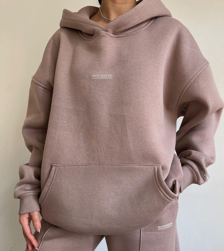 Damen Bequemer Oversized Hoodie mit Kängurutasche und modernem Schriftzug Drune