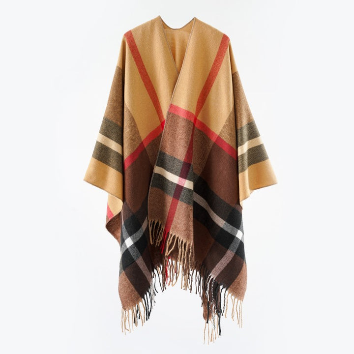Damen Oversize-Poncho im Kaschmir‑Touch mit V‑Ausschnitt und Fransensaum Drune