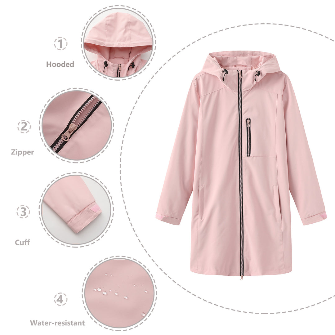 Damen nan lange schlanke Funktionsregenjacke mit durchgehendem Reißverschluss Brustreißverschlusstasche und Klettmanschetten Drune