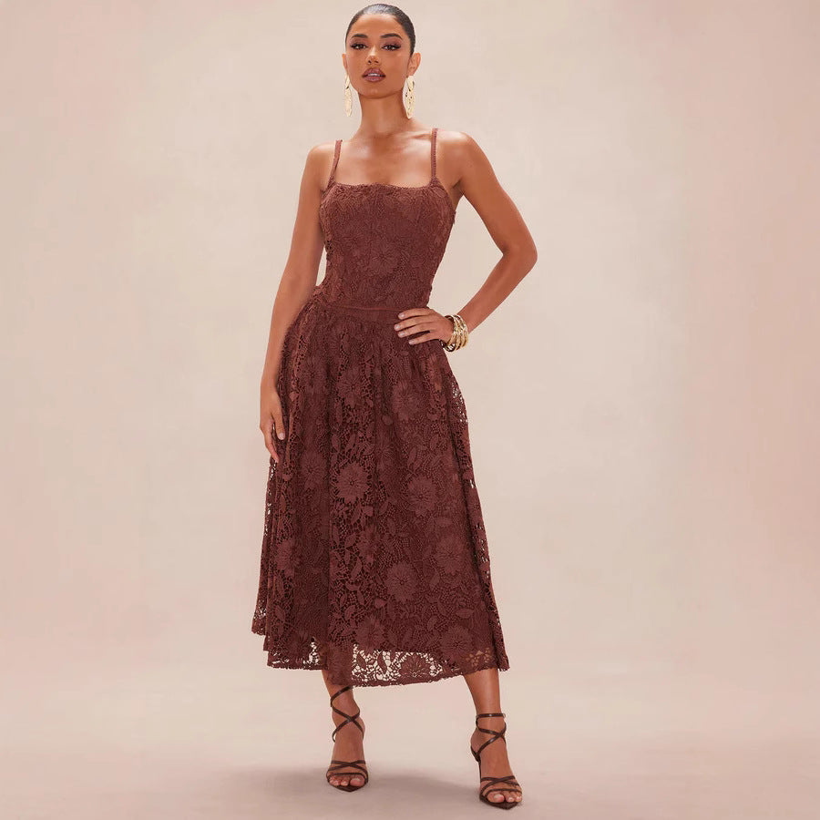 Damen Spitzen-Midi-Kleid mit zartem Blumenmuster und schwingendem Rock Drune