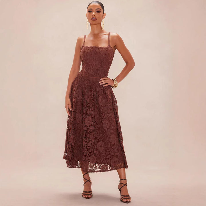 Damen Spitzen-Midi-Kleid mit zartem Blumenmuster und schwingendem Rock Drune