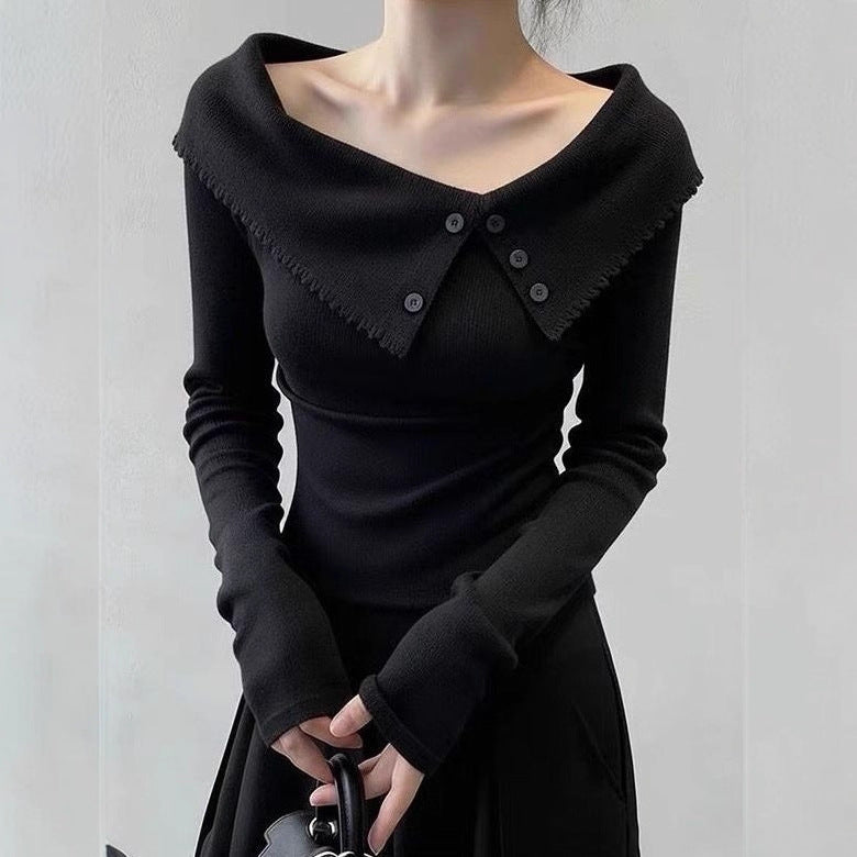 Damen Eleganter Pullover mit weitem Kragen und Knopfdetails Drune