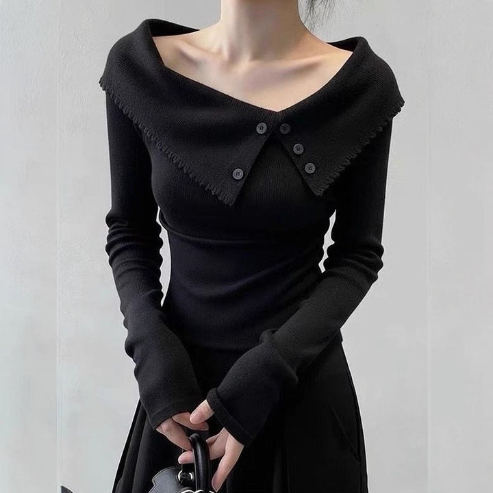 Damen Eleganter Pullover mit weitem Kragen und Knopfdetails Drune