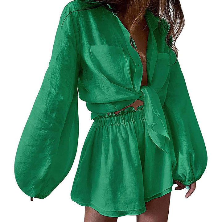 Damen Lässiges Kurzarm-Hemd mit weitem Schnitt und High-Waist-Shorts Drune