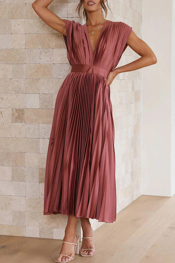 Damen Plissiertes Midikleid mit tiefem V-Ausschnitt und Taillengürtel Drune