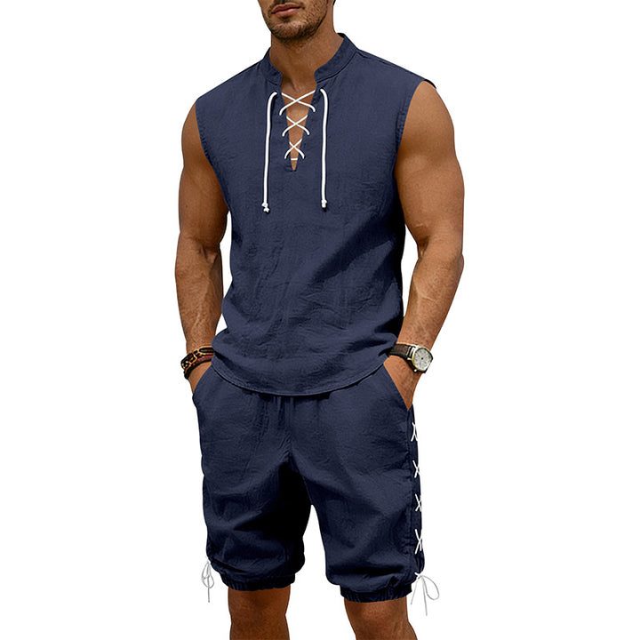 Herren nan ärmelloses Freizeit-Set mit Schnürkragen und Kordelzug-Bermuda Drune