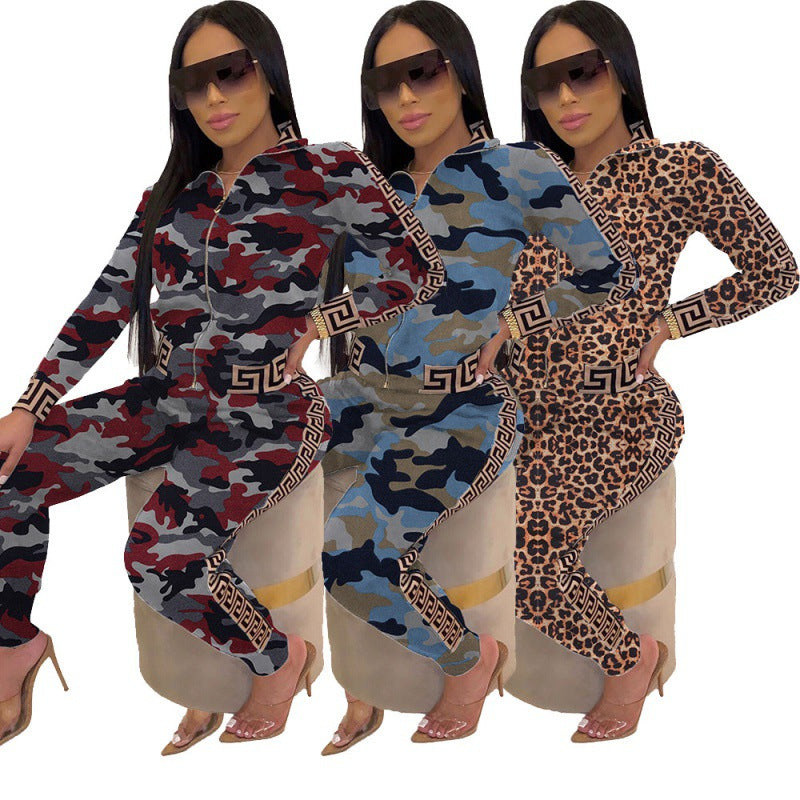 Damen Figurbetonter Jumpsuit mit Reißverschluss, Leopardenmuster und Kontrastbordüre Drune