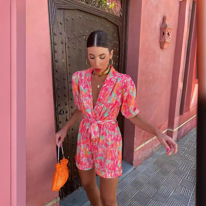 Damen modischer Jumpsuit mit modernen Puffärmeln und buntem Grafikdesign Drune