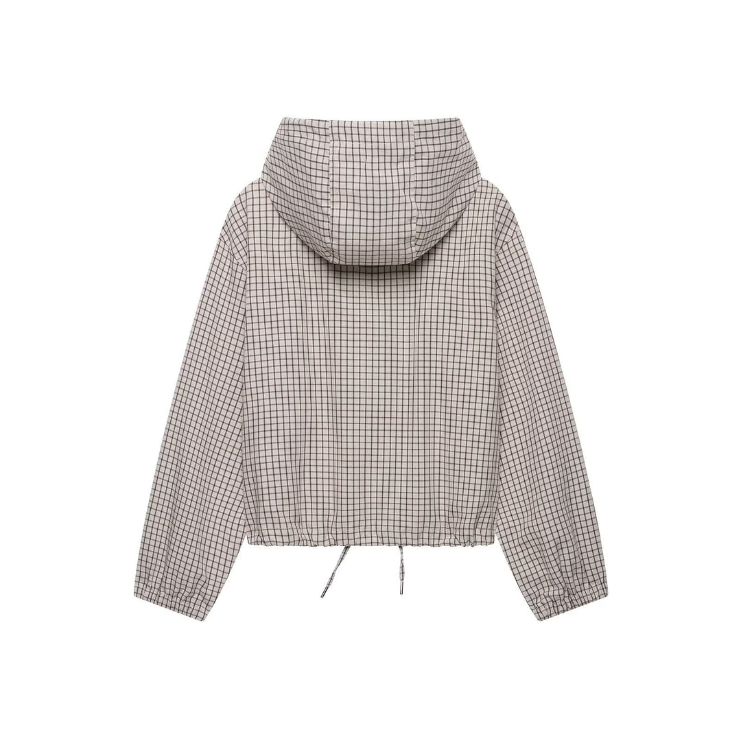 Damen Kariertes Cropped-Blouson mit Kapuze, Tunnelzug und Reißverschluss Drune