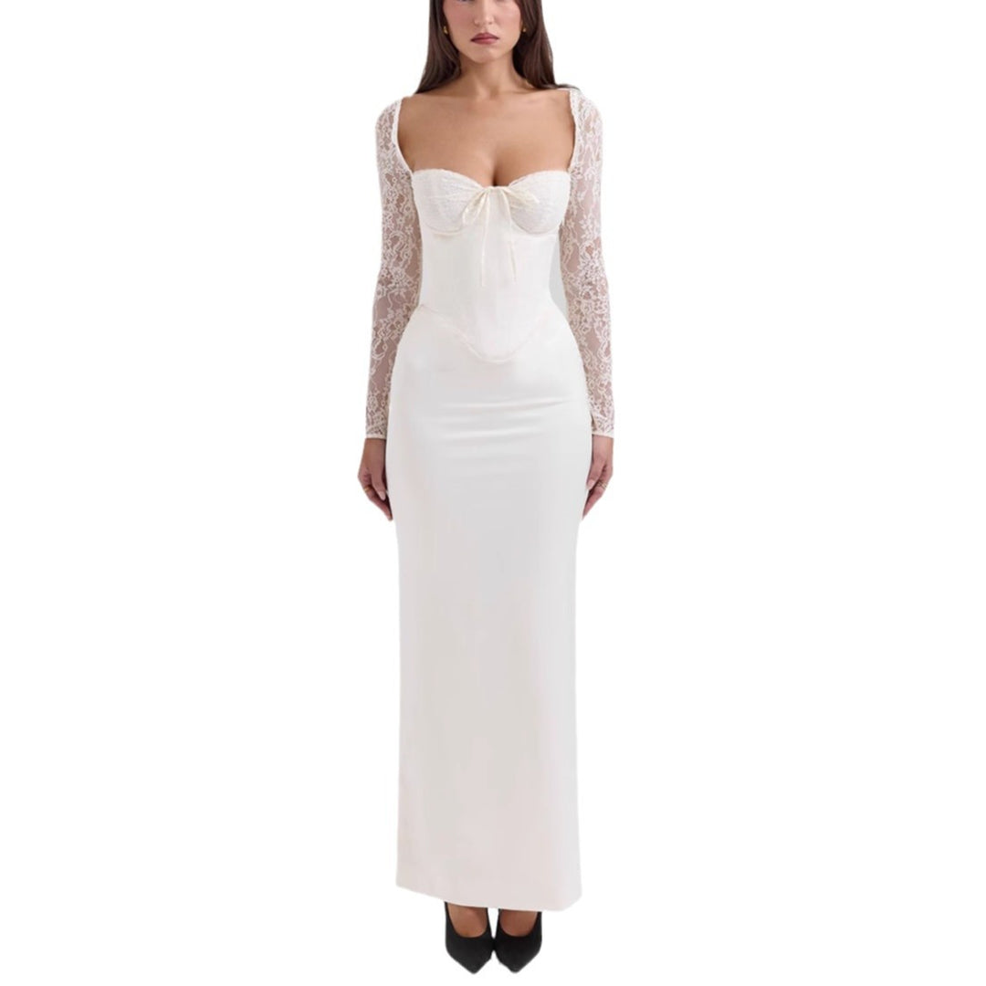Damen Elegantes hochgeschlossenes Abendkleid mit Spitze und taillierter Silhouette Drune