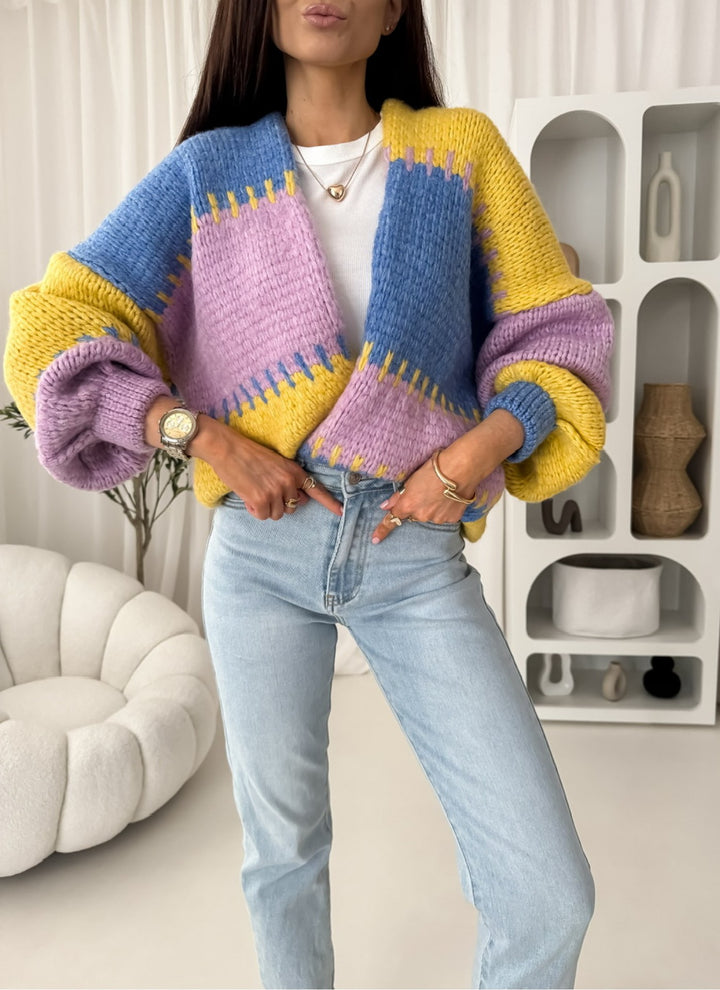 Damen lässige Strickjacke mit voluminösen Ärmeln und geometrischem Muster Drune