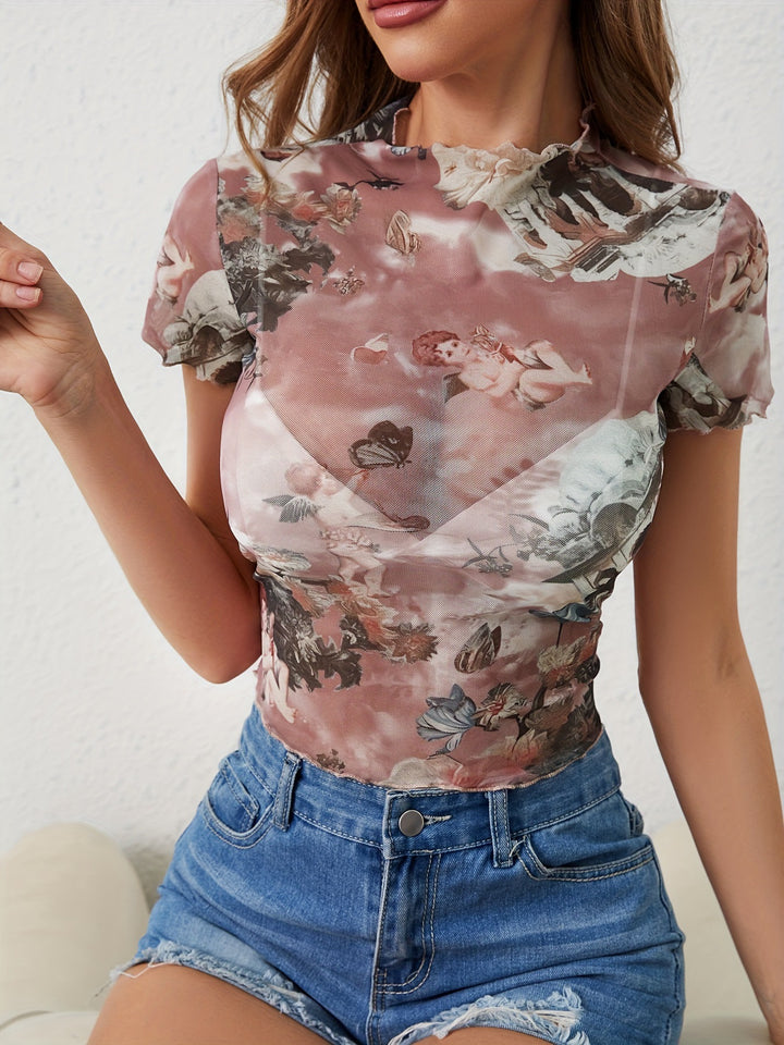 Damen nan figurnahes transparentes Mesh-Top mit barockem Engeldruck, Stehkragen und Kräuselsaum Drune